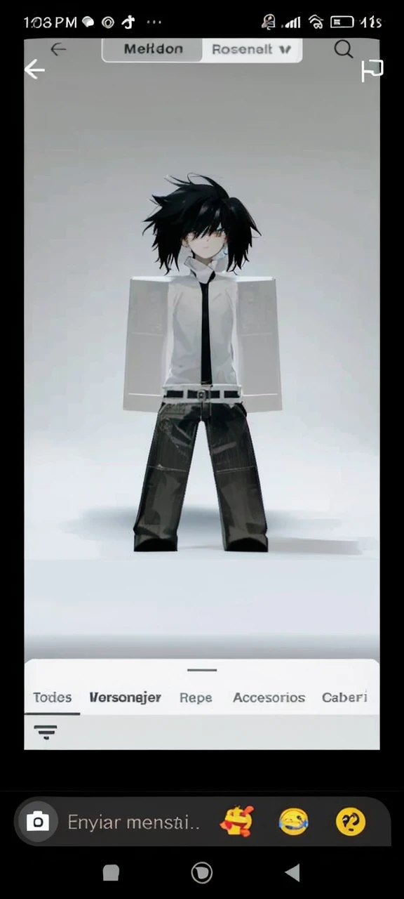 15 year old boy with white skin and white sweater with black pants and black hair