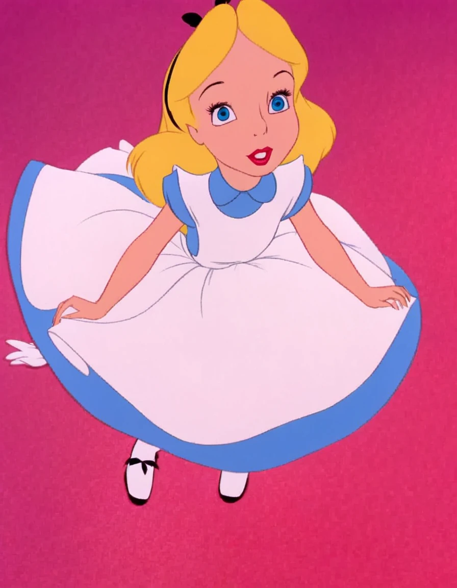wxaliwonlan, 1girl, solo, long hair, blue eyes, blonde hair, alice (alice in wonderland), disney cartoon, masterpiece, best quality, upskirt view, full view, white panties, parachute dress, drifting downwards