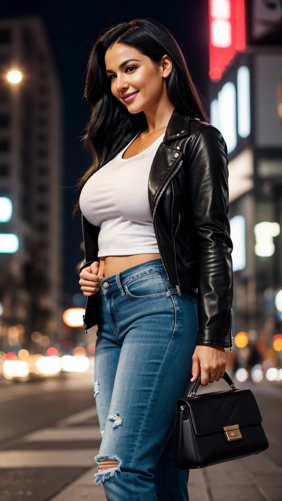 ,,



An ultra realistic and detailed scene of a 35 year old mature woman with a beautiful hyper detailed face, beautiful smiling, perfekt teeth, huge beautiful breasts, Fair Skin, dark brown eyes and abundant black hair, wearing bright light lipstick with abundant and huge hips, very large buttocks, with woman in a modern urban environment. She is standing on a busy city avenue, surrounded by tall, bright buildings. She is wearing a black leather jacket over a white t-shirt., ripped jeans and black leather boots. The woman is in profile, looking off into distance, while the wind gently blows your hair. In one hand, She holds a cell phone and in the other, a small hand bag. The lighting of the scene is soft, with city lights creating a bokeh effect in the background, highlighting the dynamic and energetic atmosphere of urban life. The image is captured in sharp focus at f/1.8, emphasizing the details of your clothing and expression.





