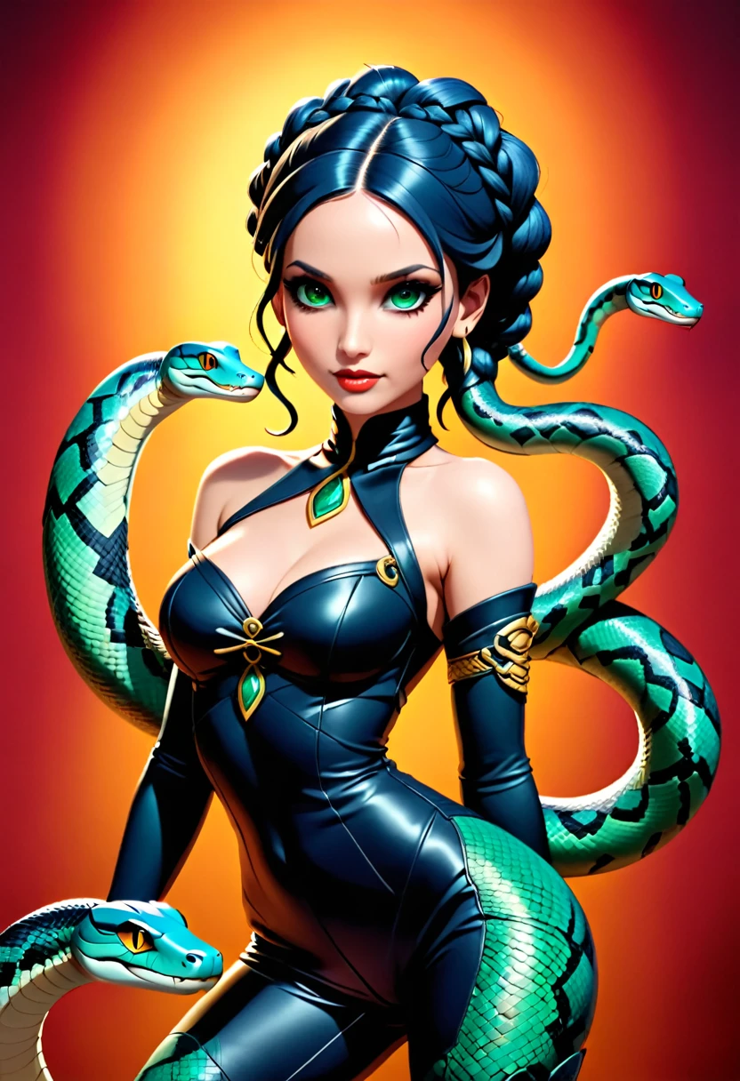 dark fantasy art a woman having (snake twin braids: 1.5) a most beautiful woman, reptilian eyes, pale skin, having twin snake braids, ((only two braids made from living snakes: 1.3)) each braid a snake coming out the woman's head, living snake, hissing snake,  on the woman's  head, she wears intricate leather dress, thigh high heeled boots, modern bar background,  dynamic range, vibrant, Ultra-high resolution, High Contrast, (masterpiece:1.5), highest quality, Best aesthetics), best details, best quality, highres, ultra wide angle, 16k, [ultra detailed], masterpiece, best quality, (extremely detailed), snake hair