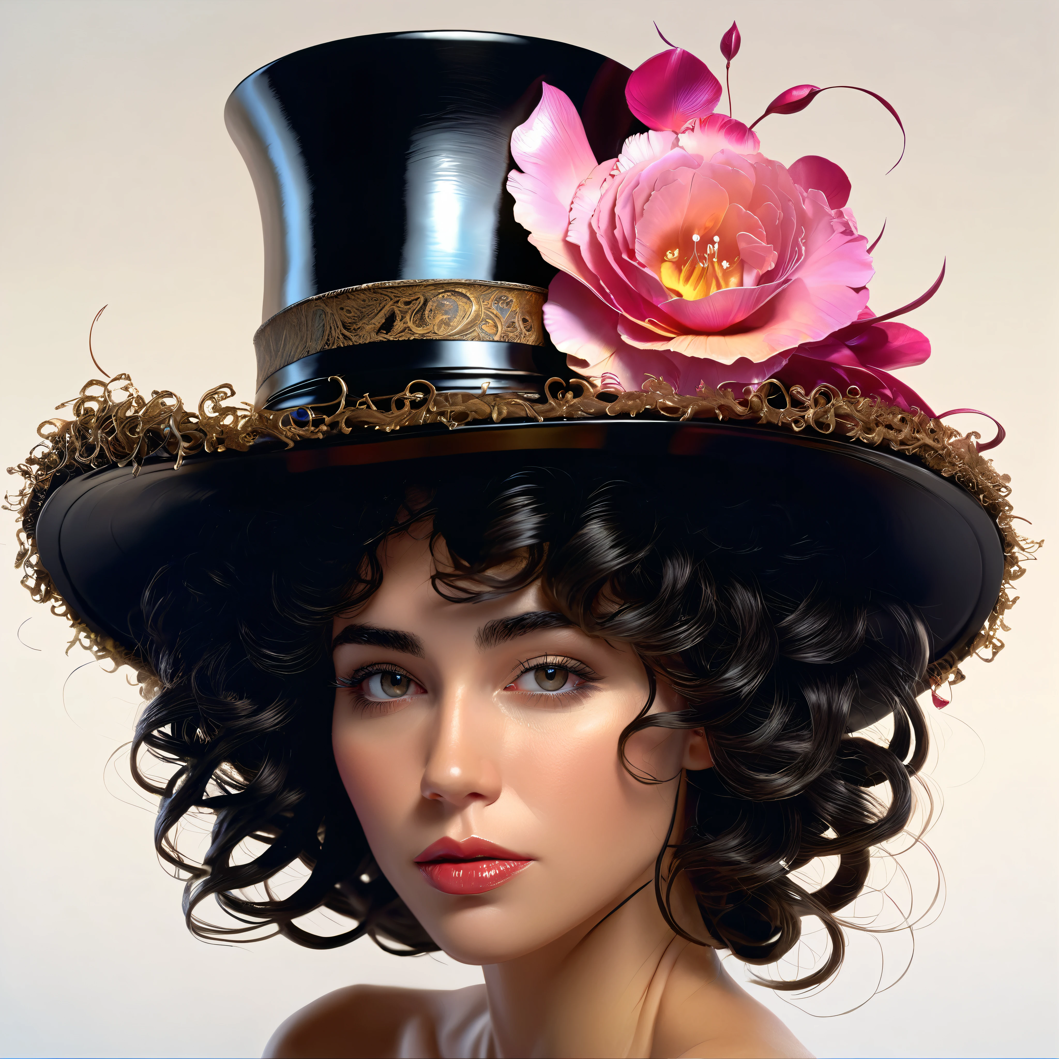 transform a beautiful sicilian woman face wearing lady's high hat, a messy black curly hair, hyperrealistic illustration, creative and innovation digital artwork, skin, magical grunge fantasy, medium wide, highly detail, unreal engine, greg rutkowski, loish, rhads, beeple, makoto shinkai and lois van baarle, ilya kuvshinov, rossdraws, tom bagshaw, alphonse mucha, global illumination, detailed and intricate environment