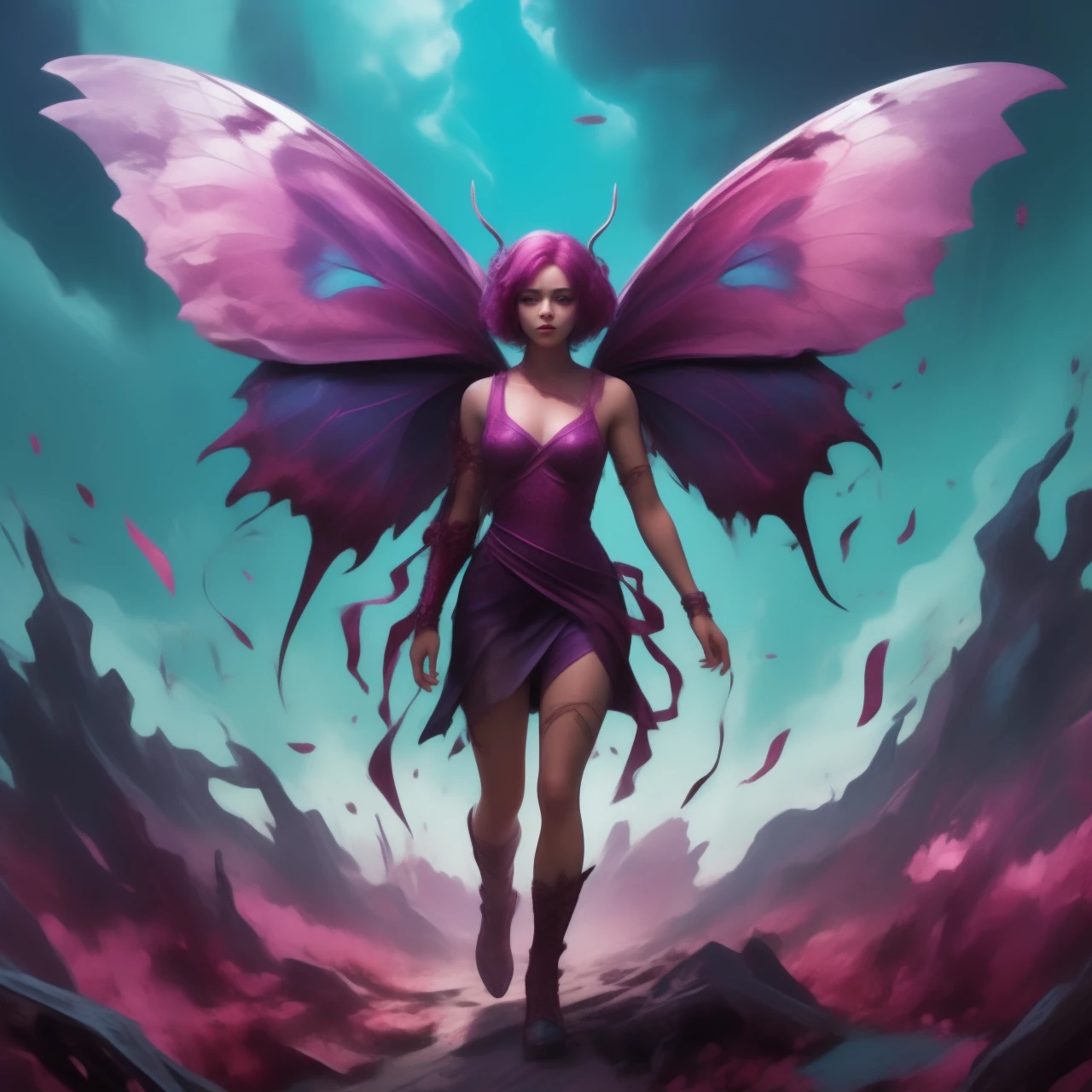 Blood-stained scavengers and dreamers from a parallel universe clash in a fractured psyche. Amid this turmoil, a breathtakingly beautiful transgender woman strives to unveil her true self amidst a spectacular apocalyptic setting. This vivid and emotionally charged scene is depicted in a mesmerizing painting, radiating with vivid hues of cyan and magenta. The intricate details of the woman's transformation and the chaos surrounding her evoke a sense of raw and powerful beauty, captivating viewers with its intensity and depth.