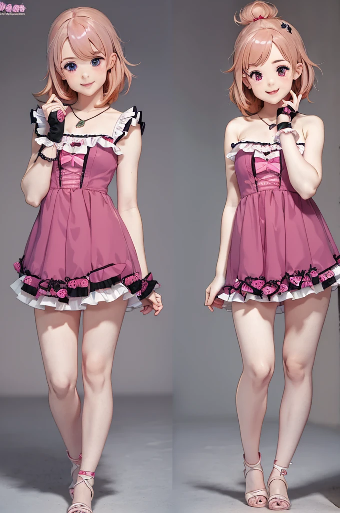 masterpiece, best quality, very aesthetic, absurdres, newest, intricate, pink hair, heart-shaped pupils, detailed eyes, yandere, mind break, hand on own face, full body, pink hair, glowing eyes, small eyes, cute & girly (idolmaster), (idolmaster),cute clothes, pink clothers, yandere, cartoon woman, 1girl, solo, looking at viewer, simple background, creepy eyes, woman, adult, embarrassed, false smile, evil smile, ,(CHARACTERSHEET:1) (MULTIPLE VIEWS FULL BODY UPPER BODY REFERENCE SHEET:1),manhwa style, fake smile