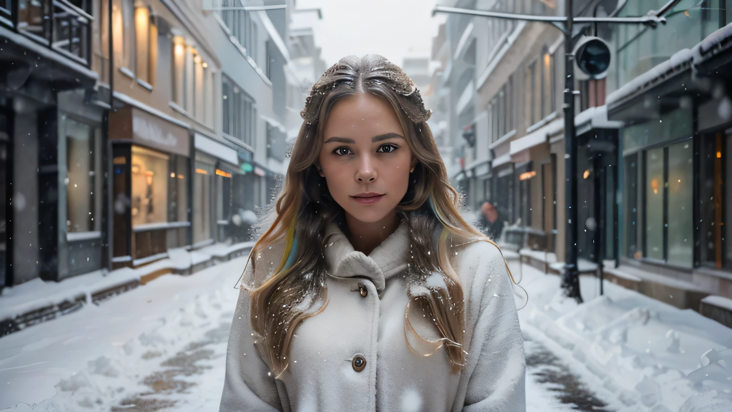 Professional photography of a beautiful Norwegian girl dressed in winter with long wavy blonde hair, flirtatious and sensual look, beautiful symmetrical face, quite natural makeup, wearing elegant warm winter Fashion clothing, ((standing outside on a snowy city street)), stunning modern urban environment, ultra realistic, conceptual art, elegant, very detailed, Complex, sharp focus, depth of field, F/1. 8, 85mm, medium shot, medium shot, (((professionally qualified color))), bright and soft and diffused light, (volumetric fog), trend on instagram, hdr 4k, 8k