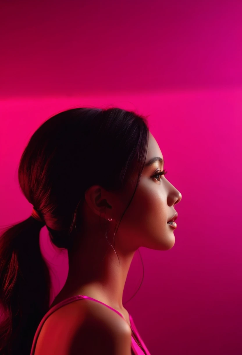 photography, portrait of contrast, profile silhouette of a woman, vibrant hot pink backdrop, visualize using a camera setup that mimics a large aperture, focusing solely on the silhouette's edge, while a low ISO maintains the richness of color without grain, photorealistic, UHD --ar 9:16 --chaos 1. 7 --style raw