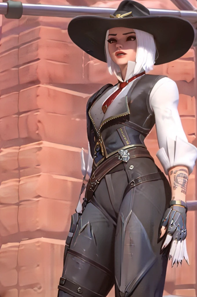 realistic, realism, photorealism, photo-realistic, high contrast, (photorealistic:1.4), 8k high definition detailed realistic, (best quality, masterpiece:1.2), NSFW, photon mapping, radiosity, physically-based rendering, best quality, highly detailed, 1girl, 3d, owash, short hair, white hair, cow boy hat, vest, red eyes, necktie, smile, standing, ((city, street, store)),cow boy pose, hand on the belt,