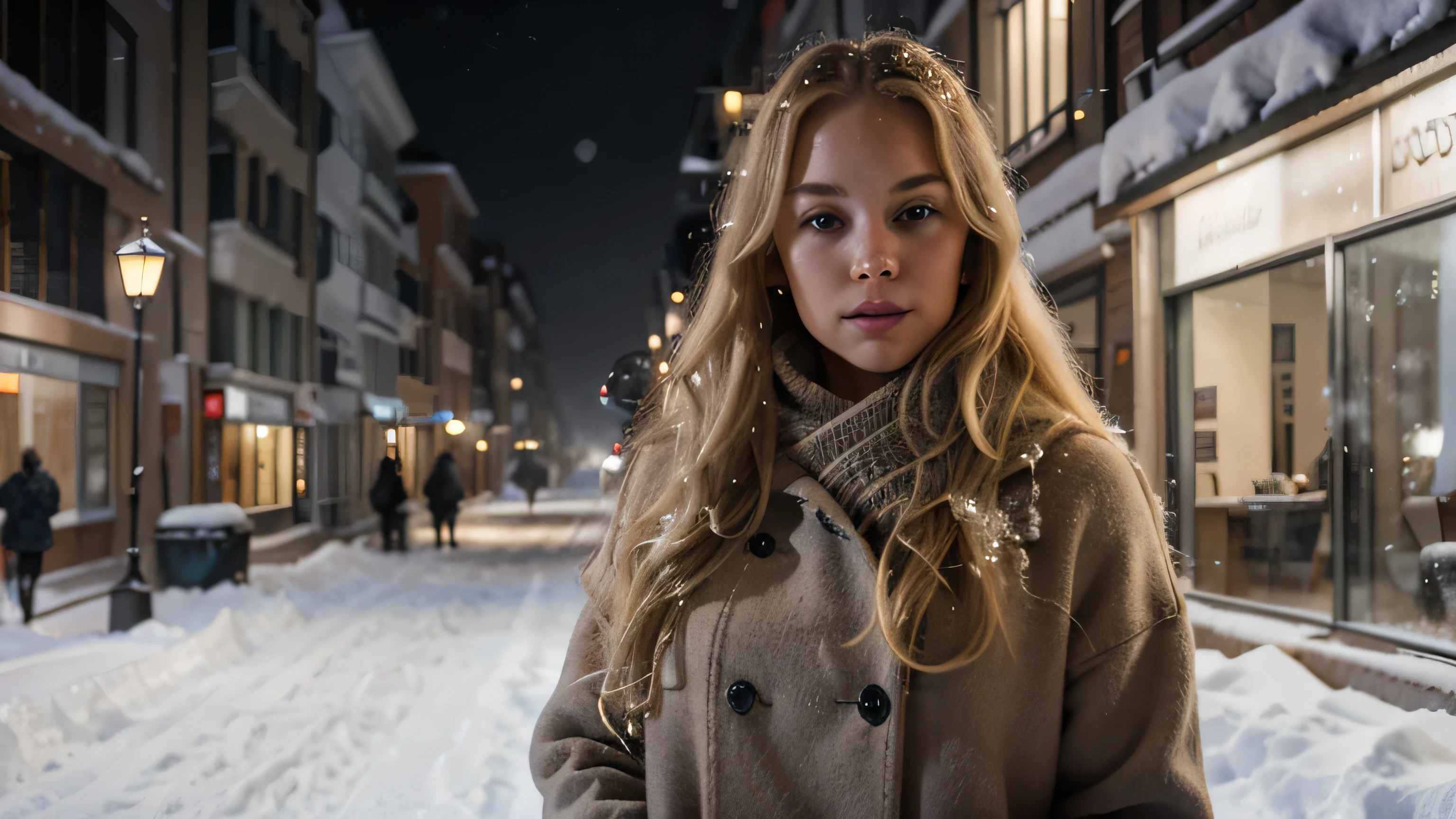 Professional photography of a beautiful Norwegian girl dressed in winter with long wavy blonde hair, flirtatious and sensual look, beautiful symmetrical face, quite natural makeup, wearing elegant warm winter Fashion clothing, ((standing outside on a snowy city street)), stunning modern urban environment, ultra realistic, conceptual art, elegant, very detailed, Complex, sharp focus, depth of field, F/1. 8, 85mm, medium shot, medium shot, (((professionally qualified color))), bright and soft and diffused light, (volumetric fog), trend on instagram, hdr 4k, 8k