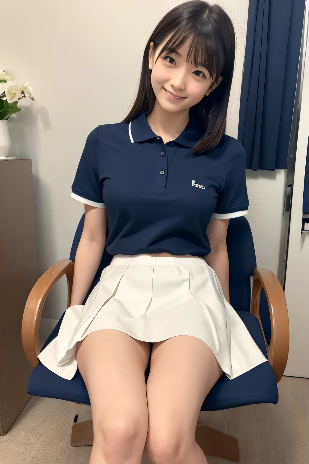 Japanese、high school student、Beauty、Facing forward、Kind eyes、Smiling Kindly、He is wearing a long navy blue short-sleeved polo shirt、She is wearing a grey tight long skirt、Sitting in a chair、Hands outstretched、((Her white underwear is visible between her skirt and legs.))、(Wearing white panties)、She is facing the camera with both knees together.、Anatomically correct body、