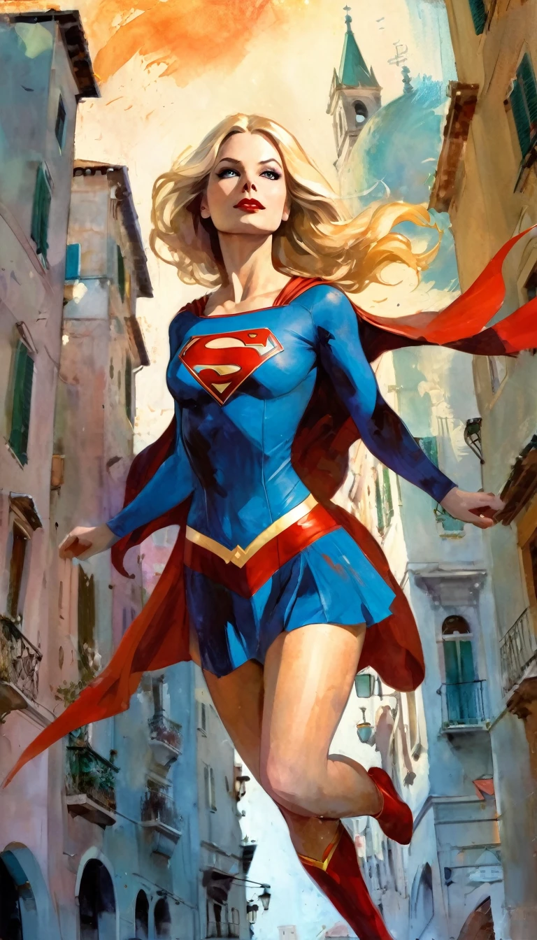 supergirl character, flying over a nice Italian city (art inspired in Bill Sienkiewicz). oil painting)