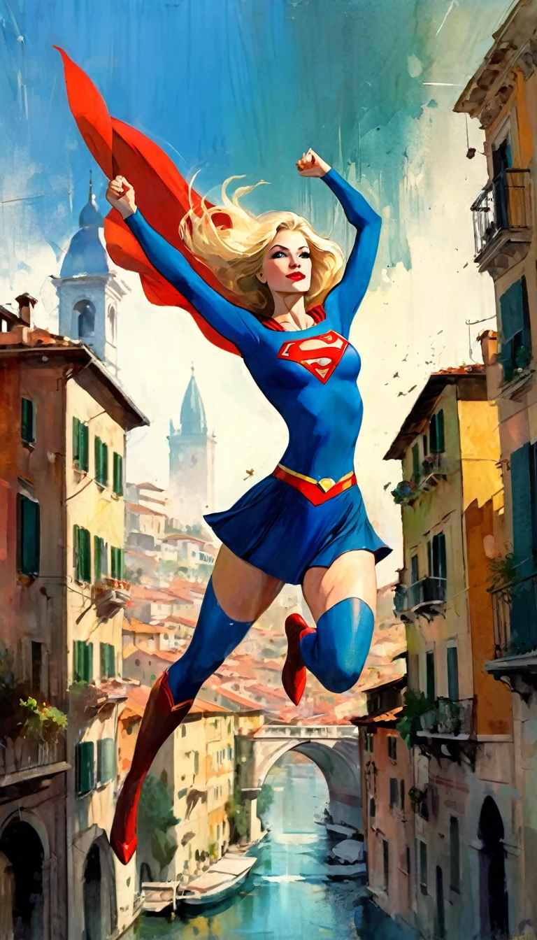 supergirl character, flying over a nice Italian city (art inspired in Bill Sienkiewicz). oil painting)