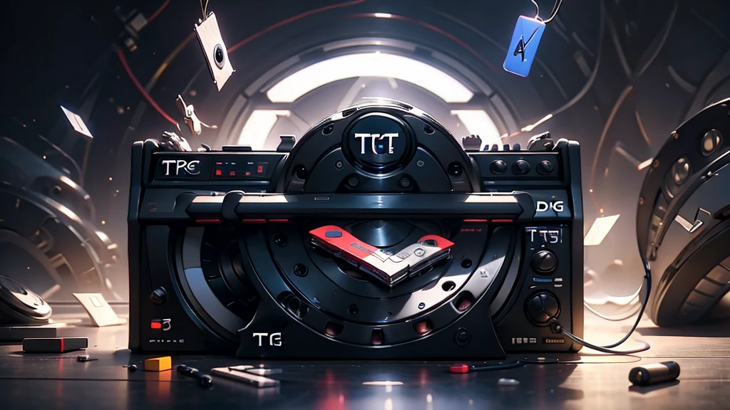 (DTG: 1.8), (DTG letters: 1.8), (Three letters: 1.8), DJ set, Music, cassette, CD Player, Futuristic device for music playing, Music reproducer, Lo-fi, writing, abstract, colorful, high resolution, high quality, neon colors, dark grey background, black grey grdient