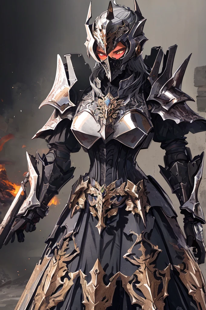 Um imponente cavaleiro esqueleto vestido com armaduras empunhando um enorme machado de batalha. The intricate details of the armor add to its striking appearance. The background is full of smoke. This high-quality image captures the essence of a heavily armored knight, perfect for projects that require a sense of power and determination.(((full body))),
