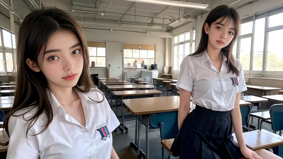 deux femmes ensemble de 18 ans sexy et mince , short sleeve uniforme école, salle de classe, se touche,position sey,sensuel