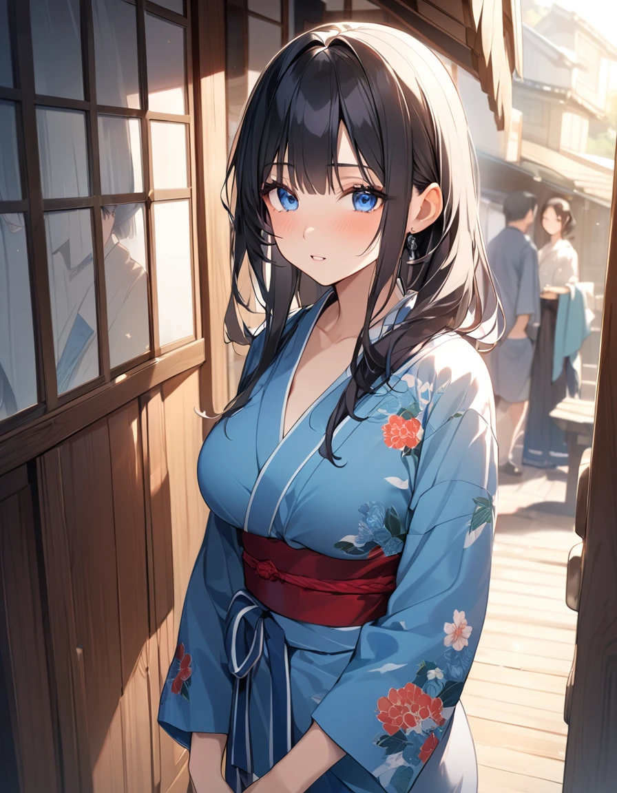 (Highest qualityのイラスト:1.2), (Black Hairの美少女:1.1), (1 girl、17 years old、Highest qualityのイラスト:1.2), (1 girl、Kind eyes、blue eyes:1.2)、((Black Hair:1.2))、Semi-long hair、(Highest quality、Very detailed、cute、Ultra-high resolution) 、Larger breasts、Yukata、Old street corner in Japan、morning、道端にはmorning顔の花が咲いている