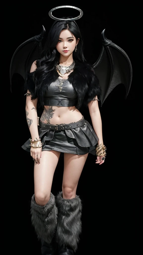 A beautiful girl in full body, with black dragon wings, with furry gray boots, com um cropped cinza, with a gray skirt and long black wavy hair.