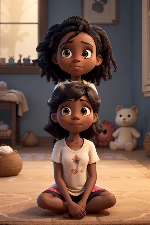 see the black mother of Hadassa and Sophia black girls sitting with them on a soft rug in the room lit by the soft afternoon light. She tells a story about Jesus, with serene expression and gentle hands, while the girls listen attentively, curious looks