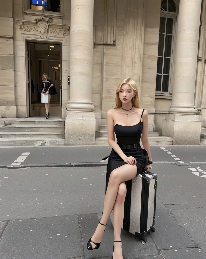 blonde woman sitting on a suitcase outside a building with a building in the background, in Paris, Roseanne park, sheath dress, Wearing a black dress, wearing a black camisole outfit, by Emma Andijewska, by Eva Frankfurther, elf eve, wearing black clothes, she is Wearing a black dress, christian dior style, 🤬 🤮 💕 🎀