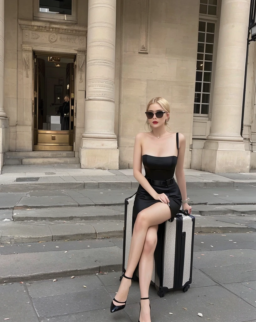 blonde woman sitting on a suitcase outside a building with a building in the background, in Paris, Roseanne park, sheath dress, Wearing a black dress, wearing a black camisole outfit, by Emma Andijewska, by Eva Frankfurther, elf eve, wearing black clothes, she is Wearing a black dress, christian dior style, 🤬 🤮 💕 🎀