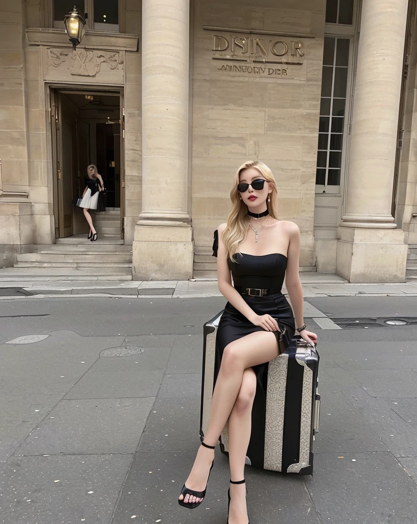 blonde woman sitting on a suitcase outside a building with a building in the background, in Paris, Roseanne park, sheath dress, Wearing a black dress, wearing a black camisole outfit, by Emma Andijewska, by Eva Frankfurther, elf eve, wearing black clothes, she is Wearing a black dress, christian dior style, 🤬 🤮 💕 🎀