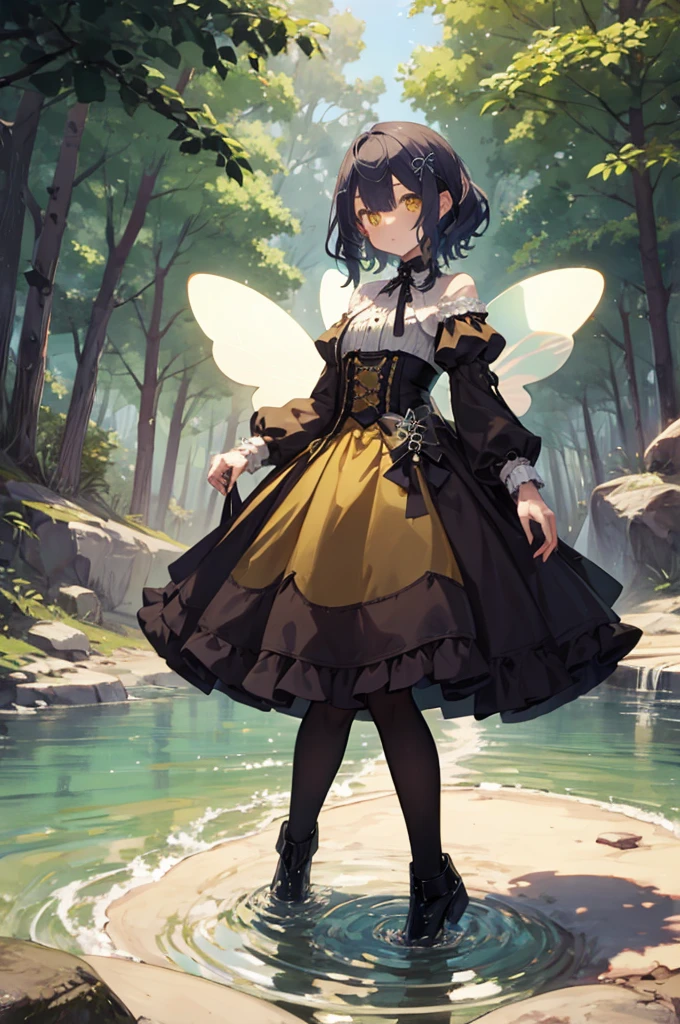 1 girl, dark yellow hair, by IKZW, fairy, small, small size, fairy wings, forest, torso up, goth dress,full body,underground waterway background,