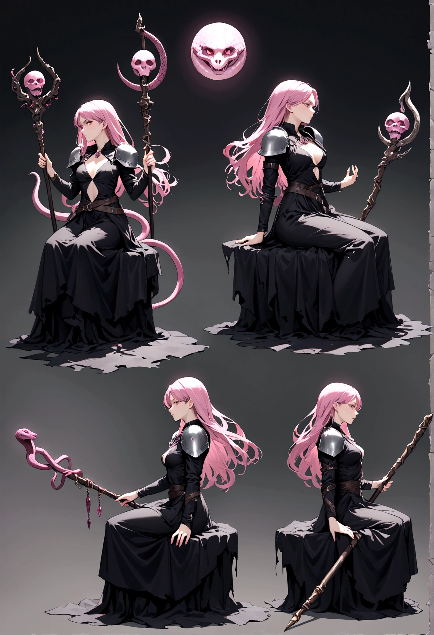 Lorana character is a witch in a dark torn dress, silver shoulder pads: snake reliefs, orbs: pink skulls sketchbook: the character in 3 ways front, back and in profile, various poses: combat, sitting, Snake Staff: emanation of dark power