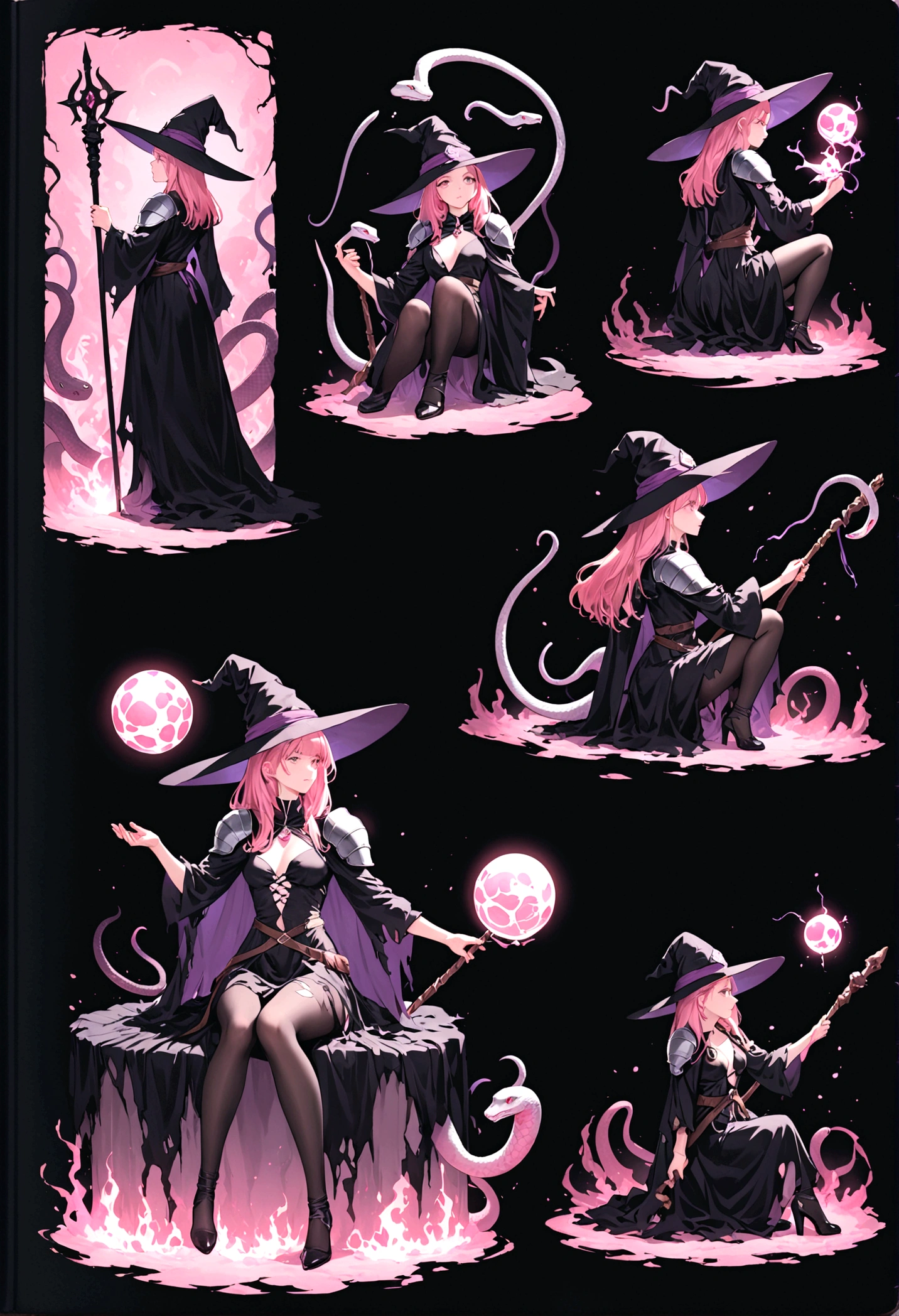 Lorana character is a witch in a dark torn dress, silver shoulder pads: snake reliefs, orbs: pink skulls sketchbook: the character in 3 ways front, back and in profile, various poses: combat, sitting, Snake Staff: emanation of dark power