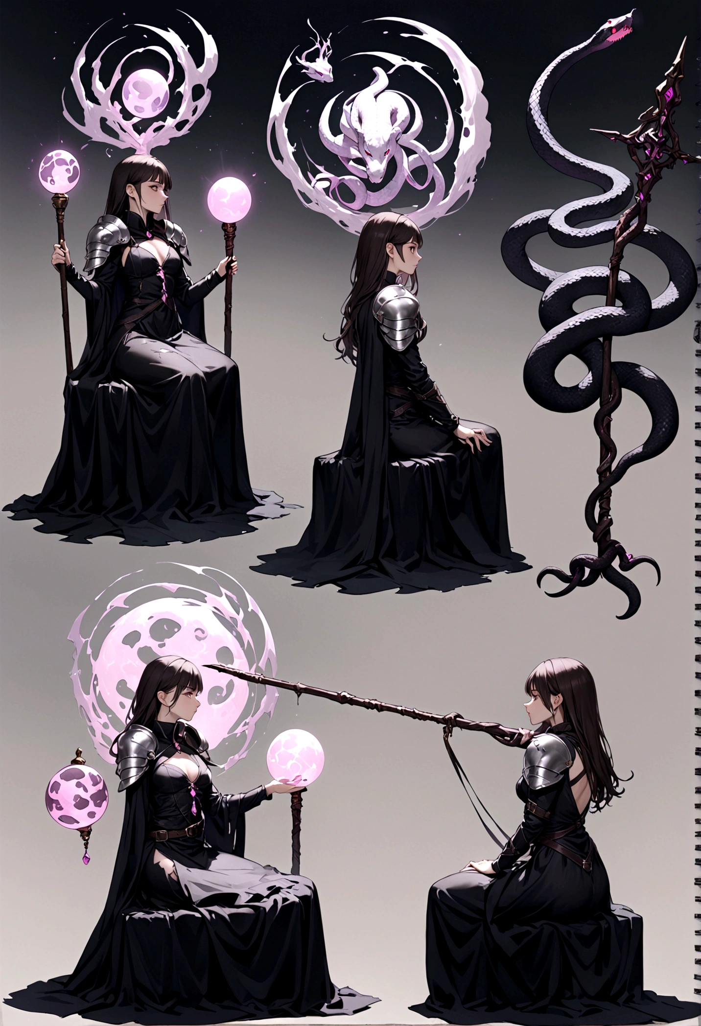 Lorana character is a witch in a dark torn dress, silver shoulder pads: snake reliefs, orbs: pink skulls sketchbook: the character in 3 ways front, back and in profile, various poses: combat, sitting, Snake Staff: emanation of dark power