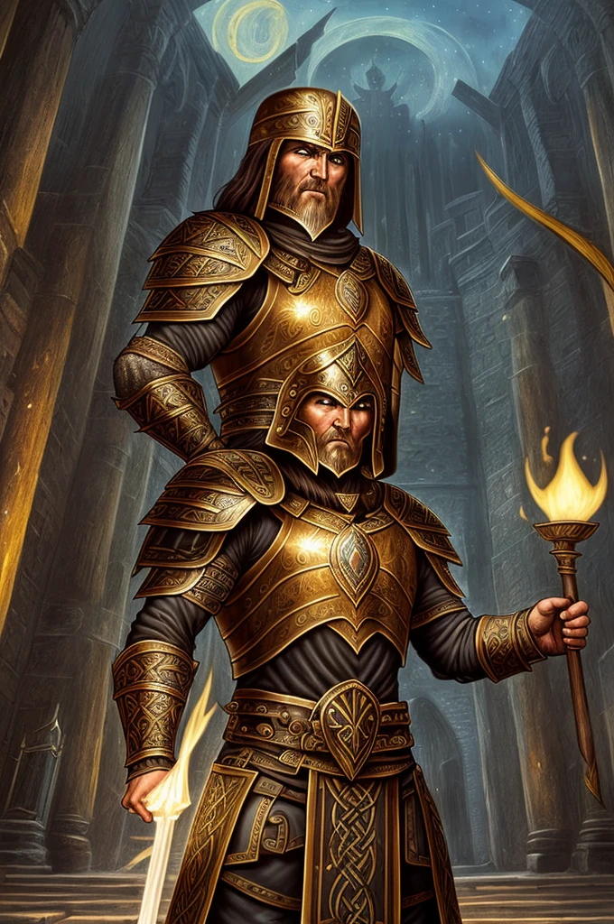 a Celtic warrior, dressed in black armor adorned with gold, It has a large shield and spear on its back. in the background a hall of treasures, with chalices and torches illuminating. It is in front of Grayskull Castle. about the darkest and starry night