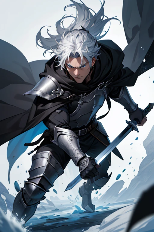 (absurdities, official art, Unity 8k wallpaper, ultra detailed, high quality, best quality), 1 warrior, detailed face, attentive and focused eyes, black cloak, flaming sword, very elaborate, highly detailed silver armor, absurd, with the sword in his right hand in attack position, masterpiece,