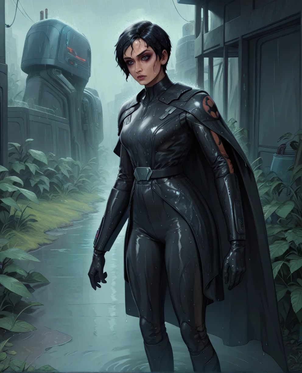score_9,score_8_up,score_7_up,score_6_up, Black woman sabine wren ,,black hair, FULL body, wet, armor,gloves,black bodysuit,black cape,belt,rain, science fiction,sith base, star wars, outdoors, rain, solo,fflixbag wearing armor sabine wren