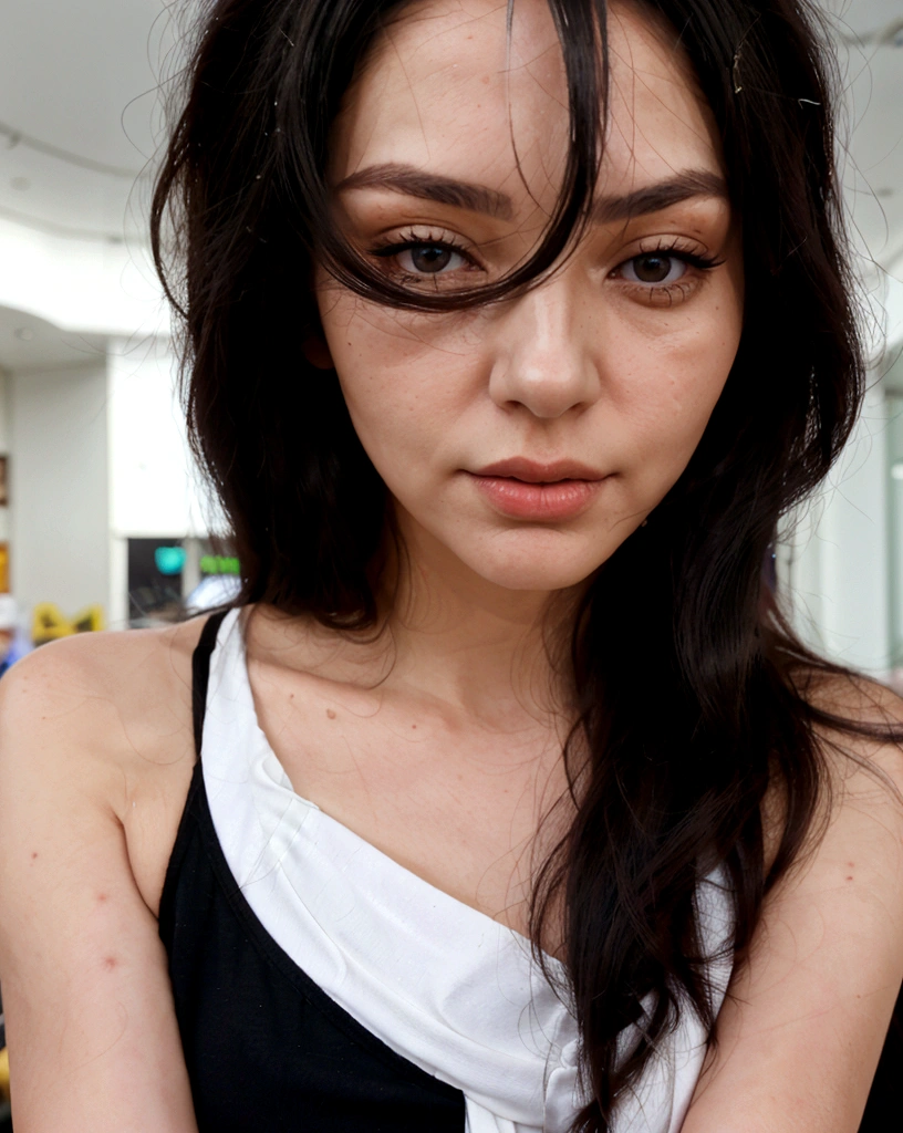 beautiful mature woman with white skin and long black hair taking realistic selfie in a shopping mall, realistic background, high quality, Clear, not blurry