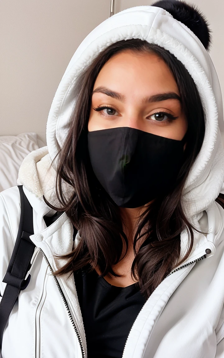 An white Girl in Fur hood jacket black whit face mask Lying on a bed With a bikini under your jacket