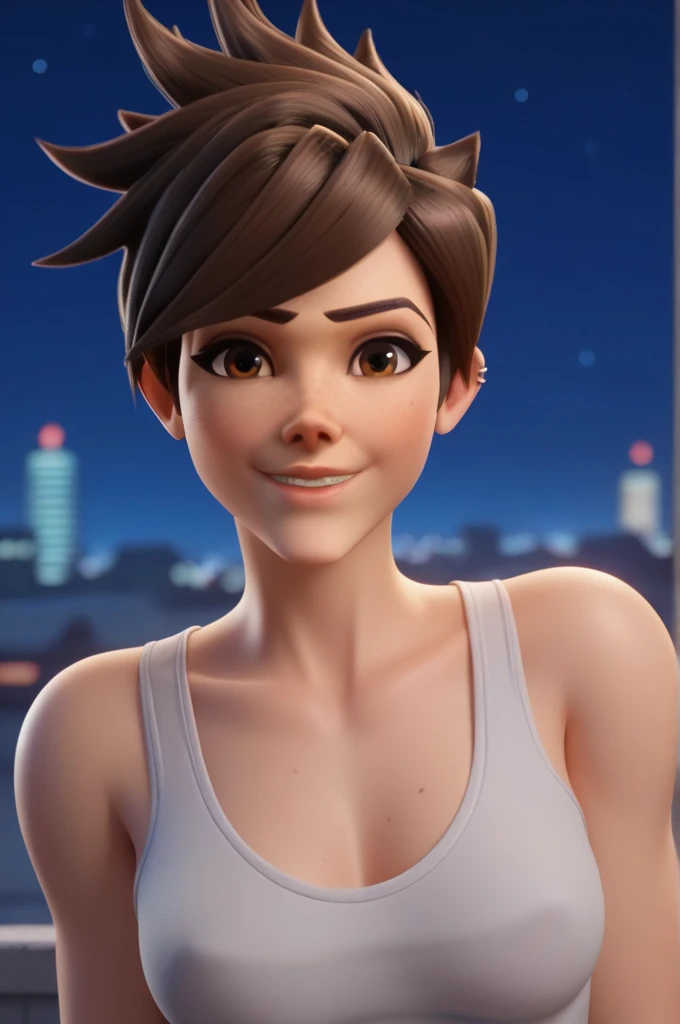 score_9, score_8_up, score_7_up, BREAK, 1girl, solo, tracer \(overwatch\), portrait, upper body, smile, looking at viewer, depth of field, outdoors, night, night sky, city, tank top,