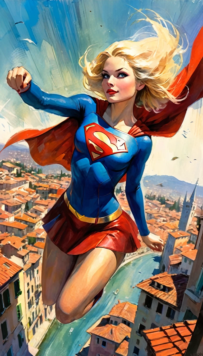 supergirl character, flying over a nice Italian city (art inspired in Bill Sienkiewicz). oil painting) 