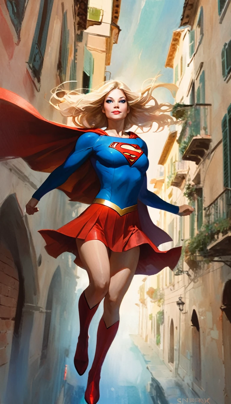 supergirl character, flying over a nice Italian city (art inspired in Bill Sienkiewicz). oil painting)
