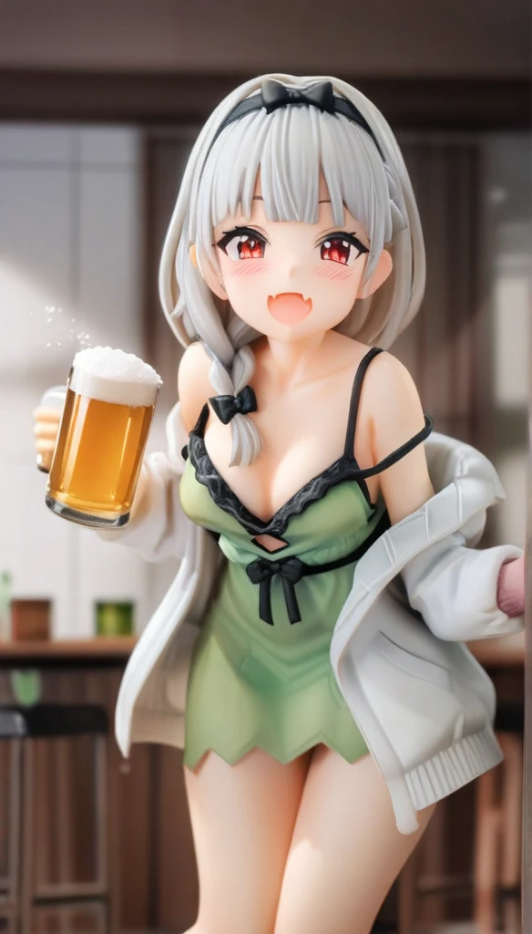 figure, 1girl,solo,open red eyes,breasts,green dress,braid,jacket,holding,fang,juice,smile,white jacket,beer,white beige hair,bangs,long hair,dress,open jacket,blush,cup,open mouth,open clothes,off shoulder,single braid,:d,skin fang,hair bow,blunt bangs,holding cup,strap slip,long sleeves,small breasts,cleavage,bow,mug,indoors,collarbone,bare shoulders,^_^,black bow,hair over shoulder,drunk,spaghetti strap,two-tone jacket,sleeveless,facing viewer,beer mug,cowboy shot,hair intakes,best quality,ultra detailed,realistic,shiny_skin,