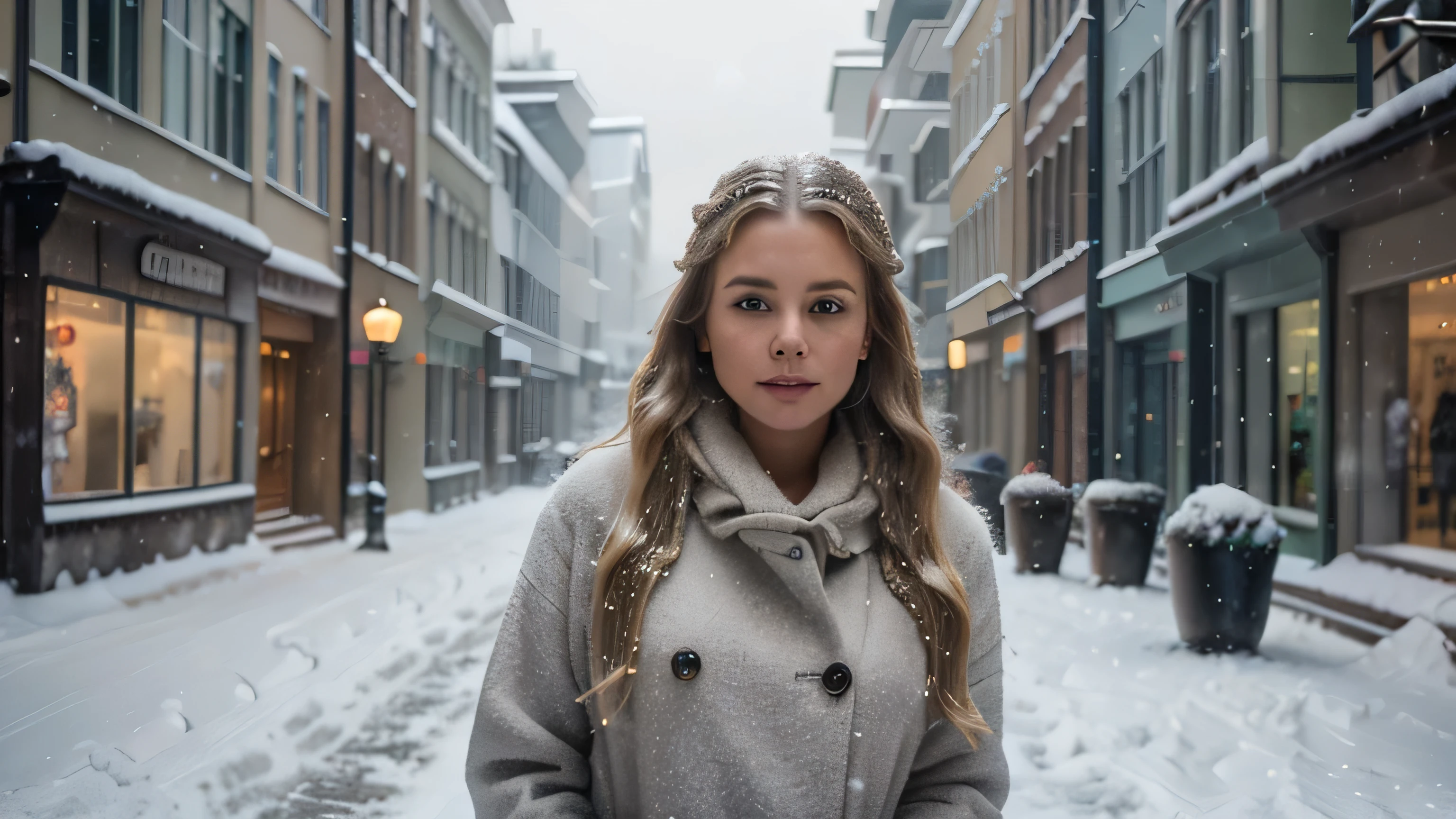 Professional photography of a beautiful Norwegian girl dressed in winter with long wavy blonde hair, flirtatious and sensual look, beautiful symmetrical face, quite natural makeup, wearing elegant warm winter Fashion clothing, ((standing outside on a snowy city street)), stunning modern urban environment, ultra realistic, conceptual art, elegant, very detailed, Complex, sharp focus, depth of field, F/1. 8, 85mm, medium shot, medium shot, (((professionally qualified color))), bright and soft and diffused light, (volumetric fog), trend on instagram, hdr 4k, 8k