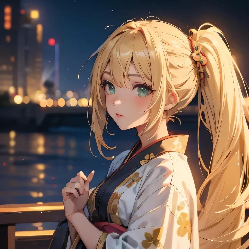 Layla , kimono night in firework , blonde hair, pigtailed haired , long hair , green eyes