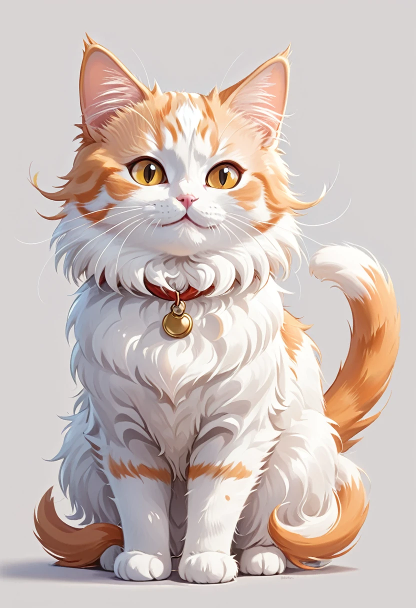 In the style of TOK, highest quality, cute cat, cartoon cat, Munchkin cat, white and orange cat, looking at the viewer, smiling, simple background