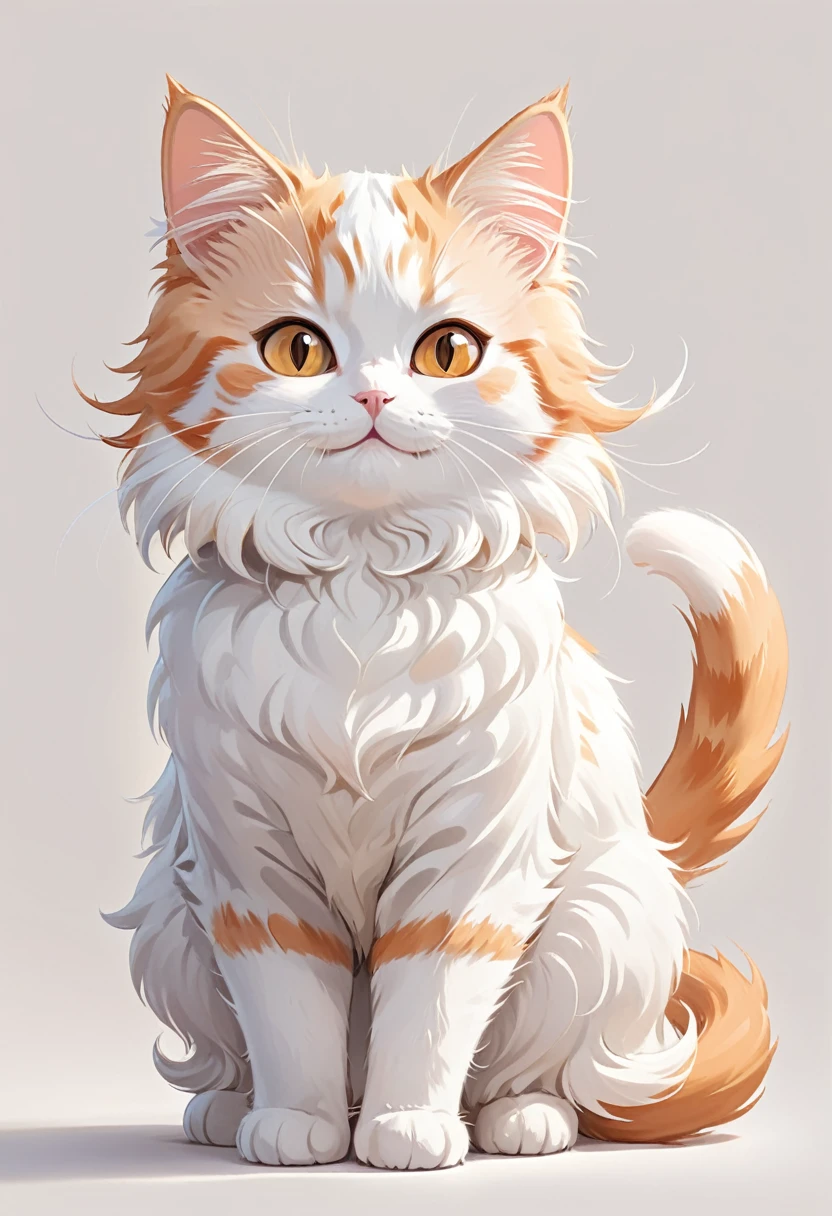 In the style of TOK, highest quality, cute cat, cartoon cat, Munchkin cat, white and orange cat, looking at the viewer, smiling, simple background