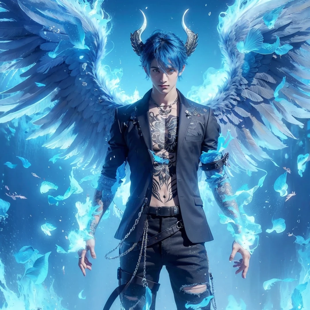 Handsome boy, blue hair, blue eyes, blue wings