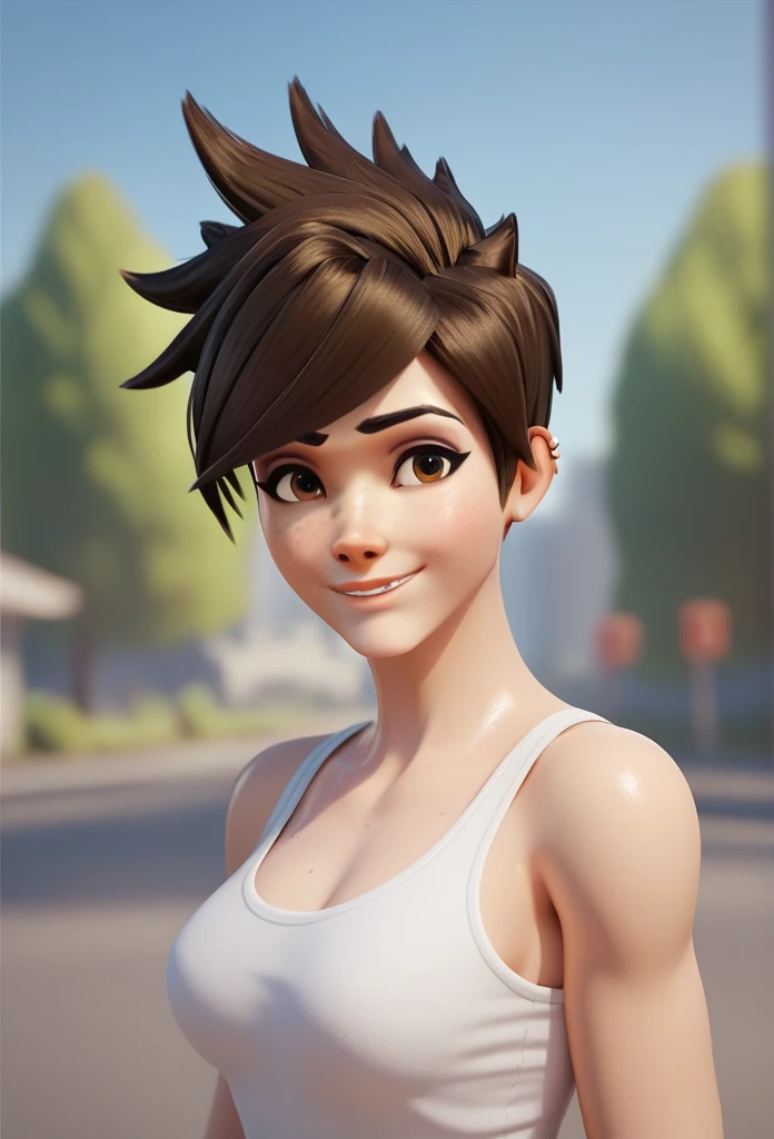 score_9,score_8_up,score_7_up,score_6_up ,source_overwatch score_9, score_8_up, score_7_up,  1girl, solo, tracer \(overwatch\), portrait, upper body, smile, looking at viewer, depth of field, outdoors,city, tank top,brown eyes,blonde hair, short hair, spiked hair