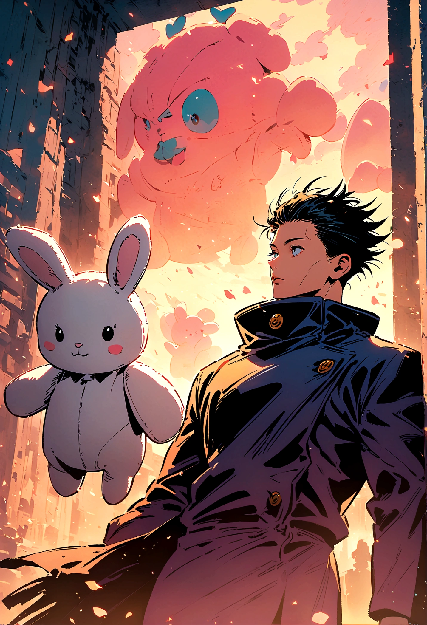 (jujutsu kaisen art style), stuffed bunny, big ears, artwork