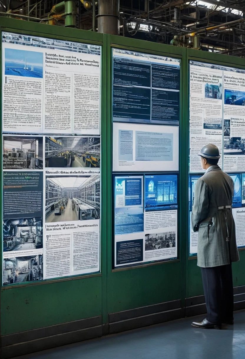 A high-tech factory, with futuristic machines and equipment, but with an architecture and design reminiscent of an early 20th century factory. Modern robots work alongside workers wearing period clothing, while holographic screens display up-to-date news on advances in artificial intelligence, industrial sustainability and new technological discoveries. Ao fundo, an old bulletin board displays headlines about the recent merger of two major technology companies and the implementation of renewable energy in industry. The scene is a fusion of past and present, where the future of the industry is shaped by its historical roots.