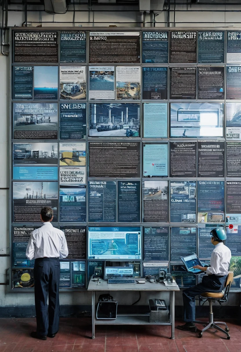 A high-tech factory, with futuristic machines and equipment, but with an architecture and design reminiscent of an early 20th century factory. Modern robots work alongside workers wearing period clothing, while holographic screens display up-to-date news on advances in artificial intelligence, industrial sustainability and new technological discoveries. Ao fundo, an old bulletin board displays headlines about the recent merger of two major technology companies and the implementation of renewable energy in industry. The scene is a fusion of past and present, where the future of the industry is shaped by its historical roots.