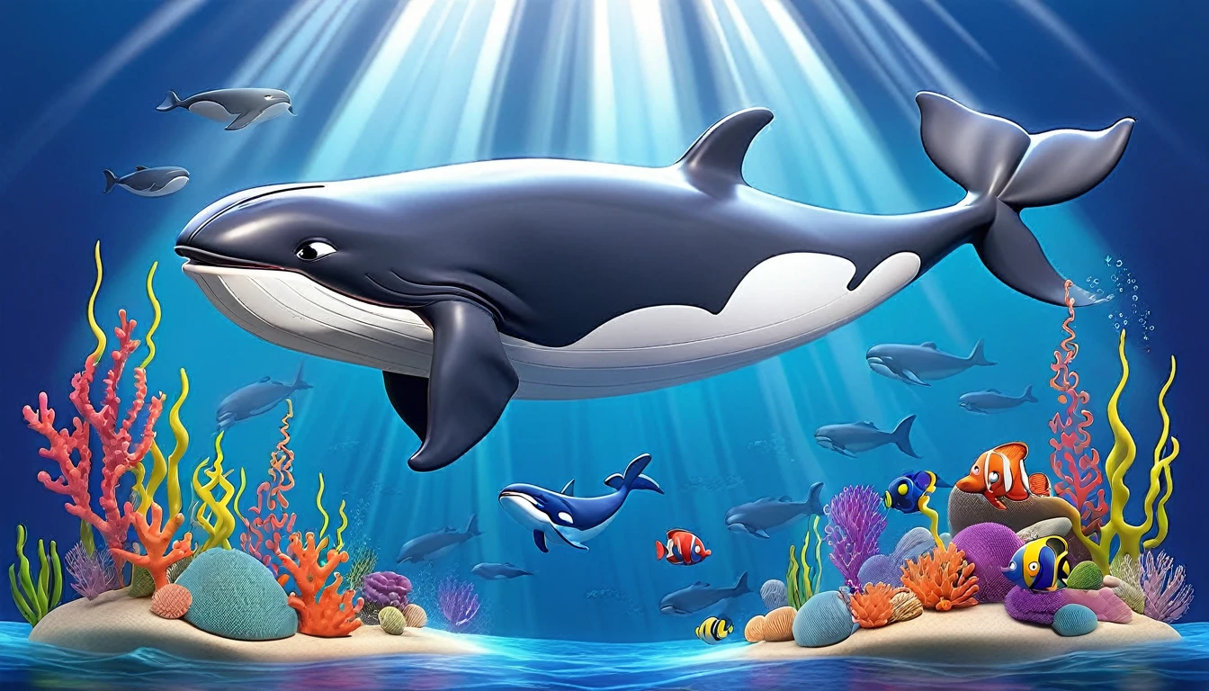 Create a 3-D Pixar style art scene for kids featuring a whale surfacing to breathe air, showing its blowhole. The scene should be colorful and vibrant, with an ocean background, coral reefs, and schools of fish. The text 'Whales need to breathe air too!' should be prominently displayed. The overall mood should be engaging and inviting for young children