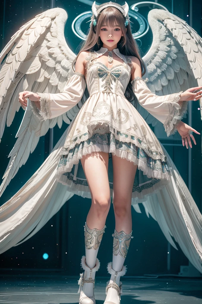cyborg, girl, beautiful girl, cute, sexy, strong, thin, delicate, smile, (lolita costume), High leg, metallic, ultra color, paisley pattern, headgear, mandala, Near future, heaven, Angel, feather, wing, Helix lamp
