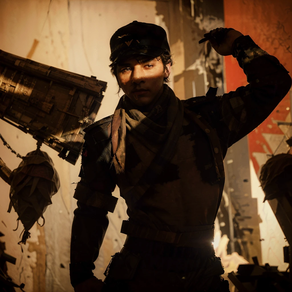 (very sharp result) (((textile shading))), (((Best Quality))), (((masterpiece))), (((hyper realistic photo))) on war situation (dramatic candid photography) contrast backlight shade lighting treatment: (iconic banksy pose) dramatic shade of a boy with cap & scarf throw a molotov cocktail bomb on riot situation, full smoke, red mood lighting