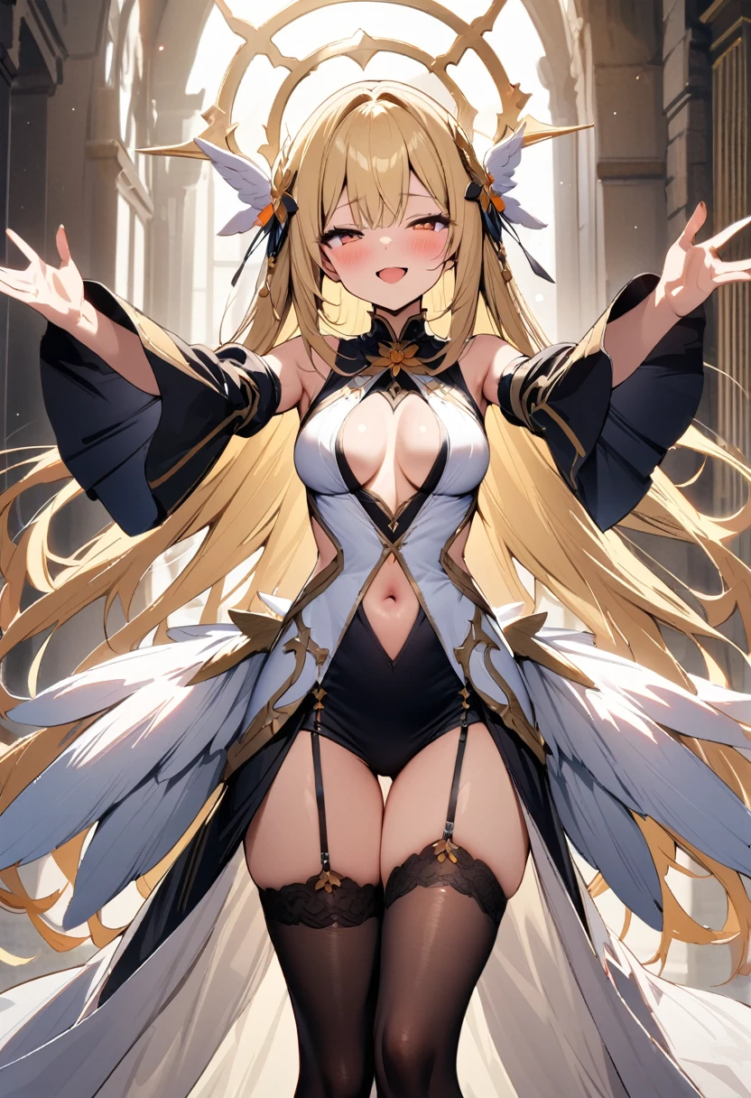 masterpiece, best quality, solo, 1girl, blonde-hair, wings, thighhighs, (very-long-hair), smile, wide-sleeves, navel, hair-ornament, blush, looking-at-viewer, detached-sleeves, open-mouth, frills, outstretched-arms, black-thighhighs, dress, oragen-eyes, half-closed-eyes, long-sleeves, bangs, breasts, center-opening, standing, angel-wings, white-wings, garter-straps, flower, parted-lips, bare-shoulders, navel-cutout