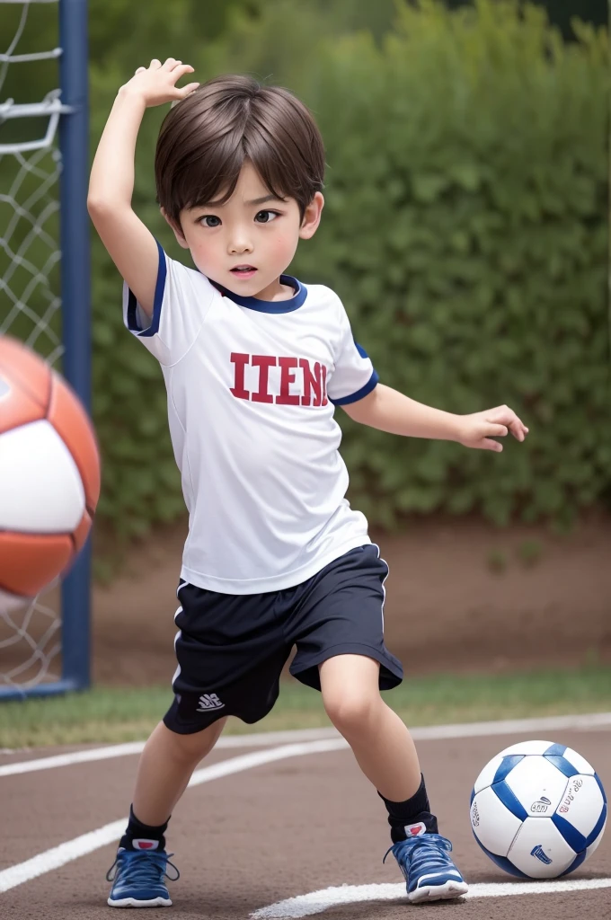 A boy playing ball with dark blond hair, 5 years old
